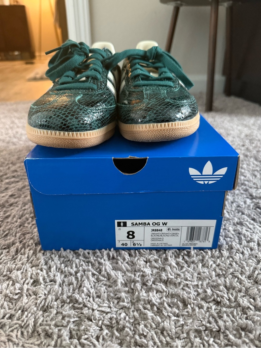 Adidas women’s Samba Sneakers in Green Snakeskin with White Stripes and Gum Sole - Picture 4 of 9